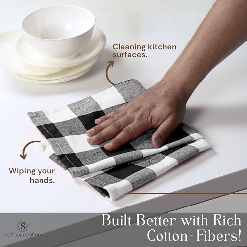 Image of Black Buffalo Plaid Kitchen Dish Towels, 4 Pack, 100% Cotton, 16x26 Inches, Super Absorbent, Quick Dry, Soft, Durable, Dish Drying & Cleaning Towels with Hanging Loop, Black & White