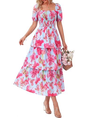 Image of BTFBM Womens Floral Smocked Summer Maxi Dresses | Square Neck Puff Short Sleeve Ruffle Tiered, 2026 Trendy Casual Sundress, Cruise Holiday Beach Vacation Wedding Guest Dress