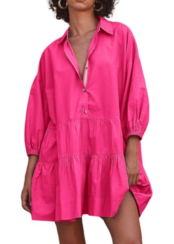 Image of chouyatou Women's Summer Puff Sleeve Tiered Tunic Babydoll Dress Cute Mini Button Down Shirt Dress