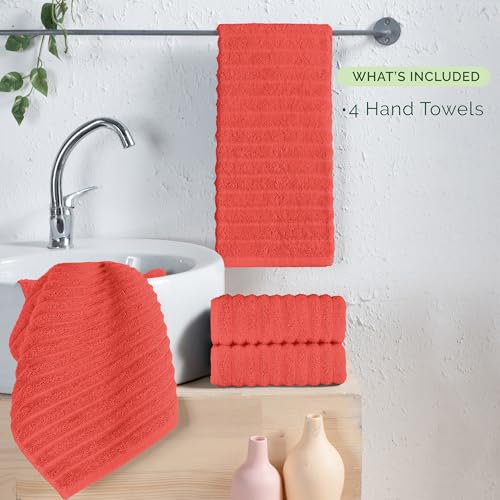 Image of Elegant Comfort Luxury 100% Turkish Cotton Corduroy Ribbed 4 Pack Hand Towel Set 16 x 28 Inch - Absorbent, Super Soft, Quick Dry, Premium Towels for Bathroom, Gym, Spa and Hotel Use, Coral
