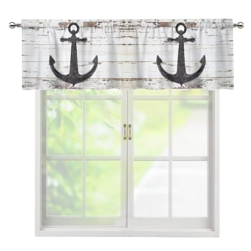 Hazuff Anchor Valance Curtain for Window, Vintage Marine Summer Casual Wooden Plank Sailboat Anchor European Rod Pocket Kitchen Panel Windows Treatment Drapes for Bathroom Bedroom 54x18Inch 1P