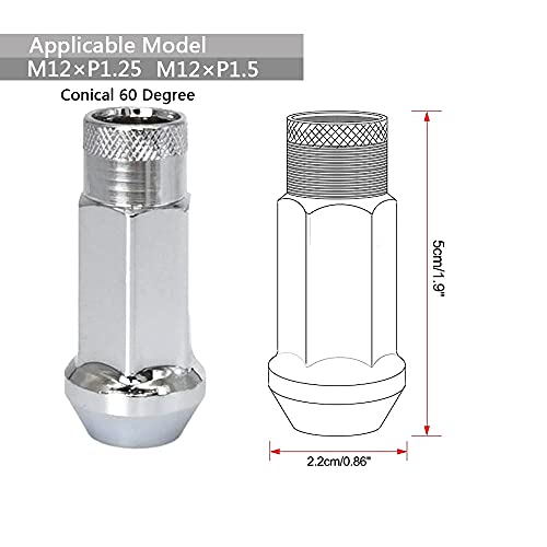 Image of Chrome Lug Nuts M12x1.5 Open End Wheel Nuts,Taper Acorn Seat, Forged Locknut Racing Nut 20 Set 2 Pieces Total 22 Pieces and 1 Nut Socket Key (Silver M12 x P1.5)