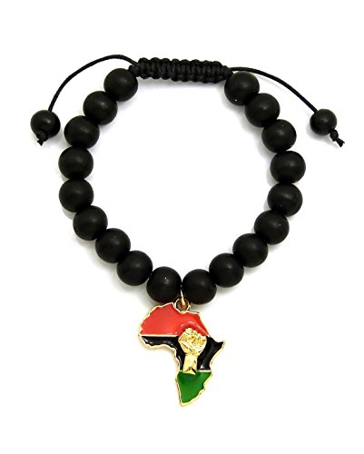 CBC Crown Pan African Colored Africa Map Continent Charm with Egyptian Symbols Adjustable Wooden Bead Bracelet (#50 10mm Black)