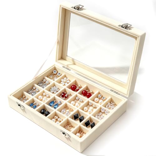 Aoyfuwell Organizador de anillos de terciopelo beige con 24 compartimentos, bandeja de almacenamiento con tapa de cristal transparente, práctico almacenamiento, apto para uso doméstico