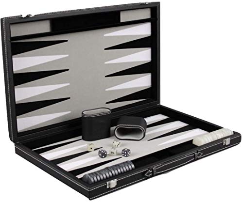 Chessgammon Backgammon Set Graphengraues Leder schwarz und eingelegte Faltbare Traditionelle Erwachsene Kinder Familien Reise Backgammon Spiel-Set Doppelwürfel 38,1 cm Cover
