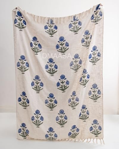 Image of Floral Cotton Throw Blanket - 50x70 Inch Handblock Print Sofa Throw - Boho Fringe Decorative Blanket for Couch, Bed & Living Room - Diwali Gift, Rakhi Gift for Sister (R-HBTH00114)