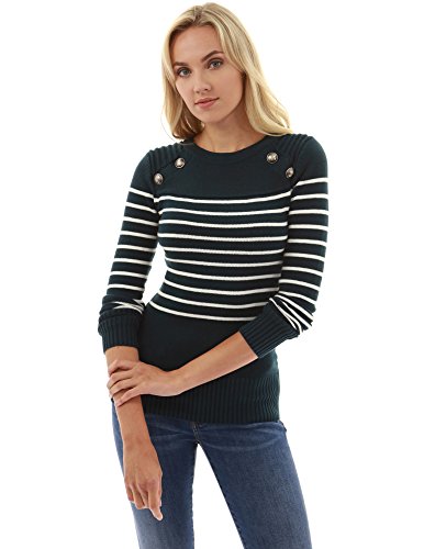 PattyBoutik Women Crewneck Striped Military Sweater (Dark Green and Ivory Medium) - Thumbnail 4