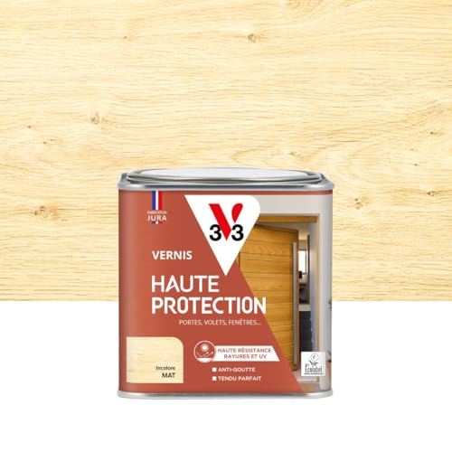 V33 Vernis bois extérieur Incolore mat - Haute Protection - Haute résistance rayures et UV - Anti-goutte et tendu bon - Ecolabel - 0,5L