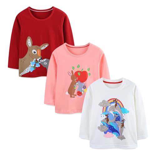 Image of Toddler Girls T-Shirt Knit Cotton Animal Pattern Round Neck Long Sleeve Top Sweatshirt 3 Pack