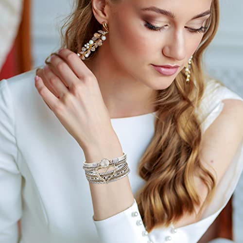 Fesciory Leopard Bracelet For Women, Boho Leather Wrap Multi-Layer Pearl Crystal Bracelet Bangle Jewelry (Heart Leather(Silver)) #TOP2
