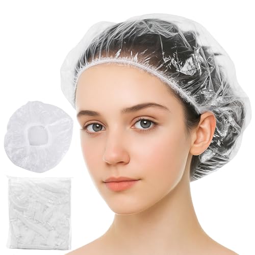 100 gorro de ducha desechables extra grandes gorras de plástico elastico e impermeable para el baño, cuidado capilar viaje unisex charlotte pelo blanco