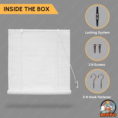 Image of HIPPO Bamboo Curtains - W-3 FT X H-7 FT Rope Mechanism Roll Up Down Indoor Bamboo Shade for Sun & Dust Protection for Home Window, Balcony, Restaurant, Hotel, Resort (White)
