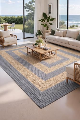 Image of Handwoven Jute Cotton Carpet 3x5 Ft Grey & Beige Plain - Natural Boho Area Rug for Living Room | Eco-Friendly, Durable Floor Mat for Bedroom, Dining & Home Decor