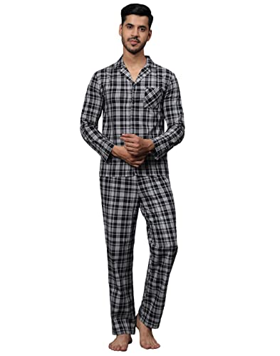 Image of B STORIES Men's 100% Cotton Full Sleeve PJ Set - Checkered Nightwear Set | Soft Loungewear | Comfortable Sleepwear | Stylish Casual Home Wear Shirt & Pant (S-XXL)