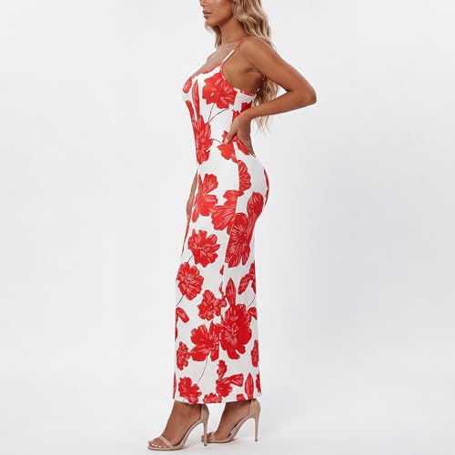 Image of Womens Summer Casual Floral Dresses Spaghetti Strap Bodycon Maxi Beach Dress Elegant Evening Party Long Dresses