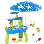 HYES Water Table for Toddlers with Umbrella, 3-Tier Rain Showers Splash Pond Water Table, Summer Toy for Outdoor Beach Backyard, Activity Sensory Playset for Girls Boys Toddlers 3-5, Blue