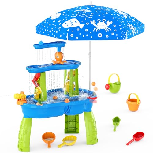 HYES Water Table for Toddlers 3-5, 3-Tier Kids Splash Sand Table Water Toys with Umbrella, Rain...