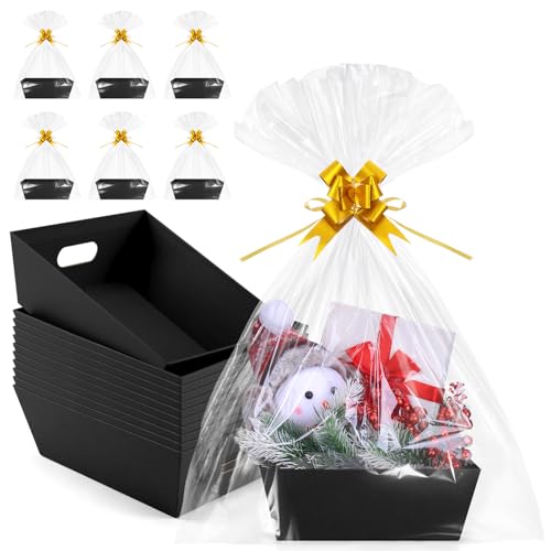 AFOROEOA 10PACK Baskets For Gifts Empty, 10 x 8” Thick Black Gift Basket with 10 Clear Gift Bags and 10 Pull Bows, Empty Gift Baskets for Christmas, Thanksgiving Wedding Birthday Party Wrapping Gift