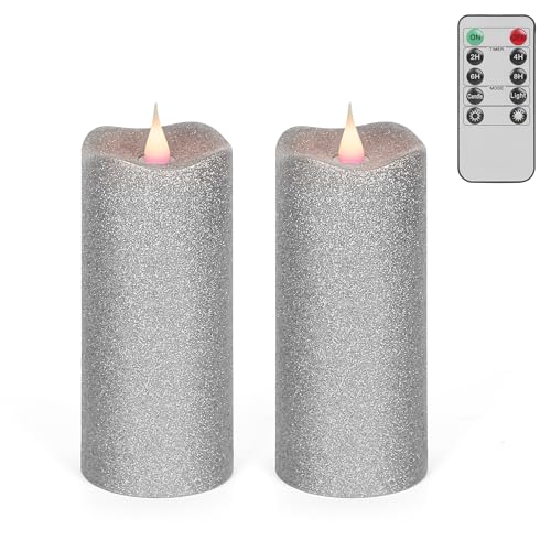 Simpdecor 2Pcs Glitter Flameless Candles 6'' Silver 3D Flickering Moving Flame Wick Led Candles Battery Powered Pillar Flameless Candle Set With Timer And Remote For Home Anniversary Events Décor cover
