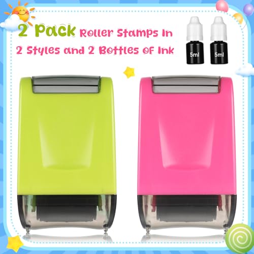 Affrolling 2 Pcs Roller Stamps for Teachers Dashed Handwriting Lines Practice with 2 Black Ink Self Inking Line Rolling Stamps Supplies for Sentence Handwriting Practice, Green and Pink - Image 2