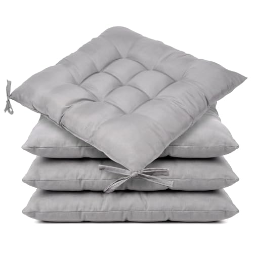APXEL Pack de 4 Cojín para Silla Grueso, 40x40x6cm, Cojines para Sillas de Exterior e Interior Reversibles con Correas, para Sillas de Comedor, Sillas de Oficina y Bancos de Exterior, Gris