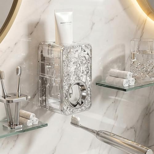 Image of Wall Mounted Toothpaste Dispenser with Toothbrush Holder - Transparent ABS Plastic, No-Drill Adhesive Installation, Waterproof & Space-Saving Bathroom Organizer (2 Cup Holder + THD)
