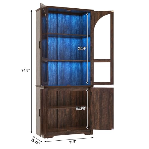 Image of chartustriable 75 inch Tall Farmhouse Kitchen Pantry Cabinet with LED Lights,Wood Storage Cabinet w Arched Glass Doors,Pantry Organizers and Storage,Rustic Wood Cupboard for Kitchen,Dining Room(Brown)