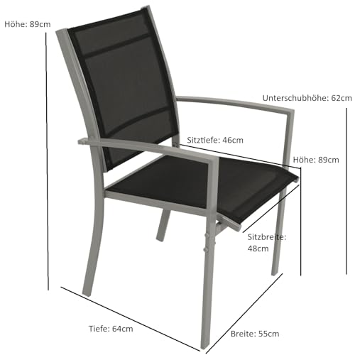 DEGAMO Gartengarnitur Pino 5-teilig, 4X Stapelsessel mit Stahlgestell und Kunstgewebebespannung 2 * 1 schwarz, 1x Tisch 70x120cm mit Stahlgestell und Glasplatte