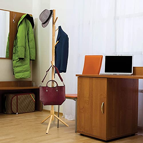 Image of Ginoya Brothers Wooden Coat Rack, Freestanding Hall Tree with Hooks Easy to Assemble Suitable for Children and Adult, Hat Clothes Rack Stand for Bedroom Office Entrance. (92-2 Beige)