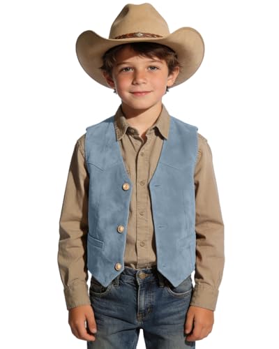 Image of Retro Boys Western Cowboy Vest for Kids Leather Suede Waistcoat | vintage dress vests, welt pockets, v-neck, adjustable waist, formal slim fit, wedding outfit, farm christmas birthday prom