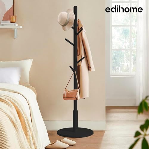 edihome, Garderobenständer, aus Holz, für Kleidung, 8 Haken, 172 x 38 x 38 cm, für Eingangsbereich, Flur oder Schlafzimmer (Schwarz)