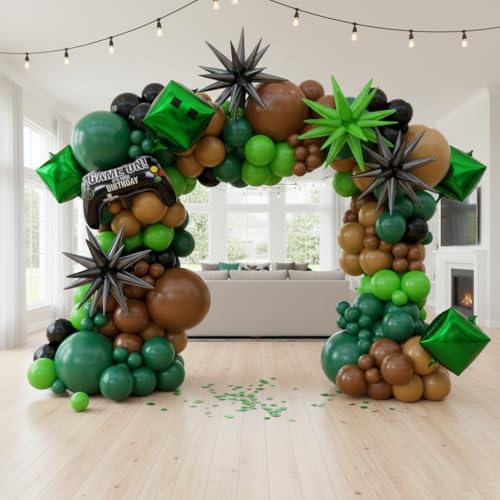 Image of 158Pcs Pixel Balloon Garland Arch Kit - Video Game Party Decorations with 18 12 10 5 Different Sizes Green Brown Black Latex Balloons for Pixel Birthday Baby Shower Boy Gaming Theme Decorations