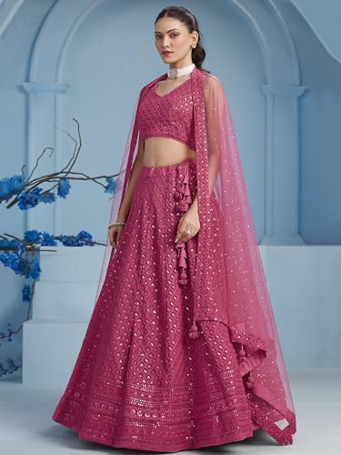 Image of Zeel Clothing Women's Sequins Thread Embroidered Georgette Lehenga Choli With Dupatta (5124-Women-Lehenga-Choli-New; Free size)