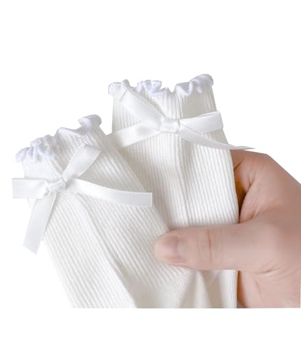 Image of Womens Bow Socks Ruffle Casual Crew Black Whitte Soft Breathable Cotton 4 Pairs Socks