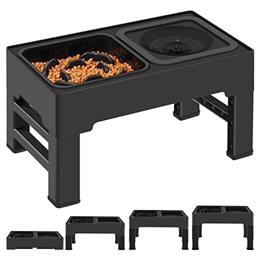 ikuso Ciotole per cani 2 in 1 con 4 ciotole rialzate regolabili in altezza senza fuoriuscite e tappetino in silicone antiscivolo, non tossico, a prova di disordine, anti-punta, protegge la colonna