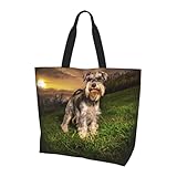 gratka schnauzer tramonto cani animali domestici montagne schnauzer,borse della spesa riutilizzabili, borse tote, grande capacità, borsa a tracolla