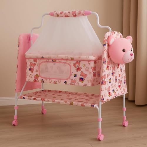 Image of PANDAORIGINALS Jumbo Baby Cradle|Soft Cushion Baby Jhula /Paalna Cute cot with Mosquito Net for 0-9 Months Boys and Girls Super Strong Soft Cushion and Swing Lock Function (Panda Pink)