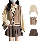 [Vasarhely] スカート 3点セット 学院風 シャツ トップス プリーツスカート スクールスカート レディース jk 制服 ベスト セットアップ スクール 上下セット 春 秋 可愛い スクール 日常服 学生服 遊園地 学園祭 通学 (2XL 3点セット)