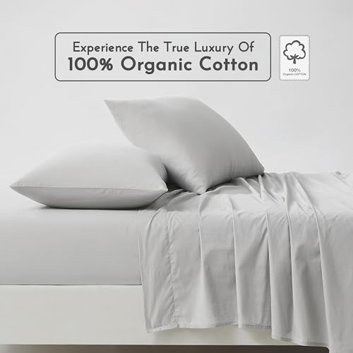 Image of Linen Closet 100% Organic Cotton Full Size Sheets Set, 4 Pcs, Light Grey - Percale Bed Sheets & Pillowcases Set - Up To 16 inch Deep Pocket Fitted Sheet - Cooling, Crisp & Breathable - For Hot Sleepers