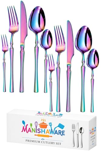 Image of Elegant Handle Rainbow 10 Pcs Stainless Steel Cutlery Set for Dining Table, Dishwasher Safe Glossy Flatware (2 Spoon Set+2 Forks Set+2 Butter Knife+2 Dessert Spoon+ 2 Fruit Fork)