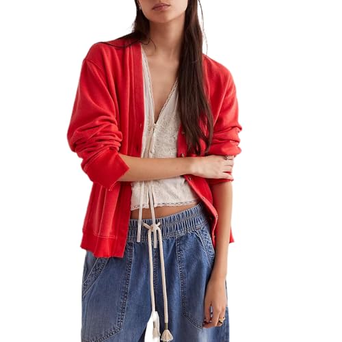 Women Y2k Long Sleeve Button Down Cardigan Tops V Neck Front Open Up Casual Sweatshirt Jacket Shirts