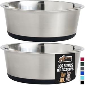 GORILLA GRIP Set of 2 Dog Bowls, Heavy Duty Metal Food and Water Bowl for Feeding Dogs and Cats, Dishwasher Safe, Rust Resistant Stainless Steel, BPA Free Rubber Base, Holds 2 Cups (16 fl oz), Black