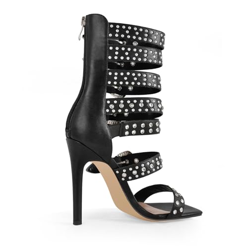 VERISSON Square Toe Rhinestone Stiletto High Heel Sandal Boots for Women – 11 cm Crystal Stiletto Heels Rivet Studded Buckle Bands, Summer Sandals with Backside Zipper Design4