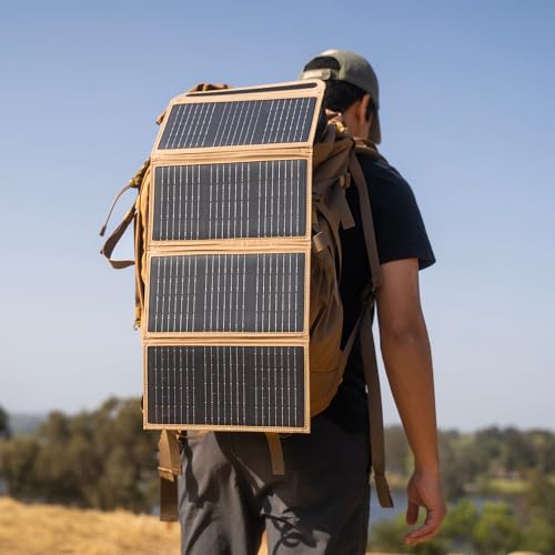 Image of NESTOUT Portable Solar Panel, USB-C and USB-A Ports, 28W Solar Charger for Camping, Water Repellent Ripstop Nylon, Foldable Compact Design, Digital Ammeter, Adjustable Stand, Beige (4 Panel)
