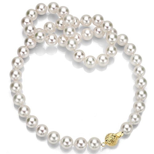 14K Yellow Gold 7-7.5mm AAA White Japanese Akoya Cultured Pearl