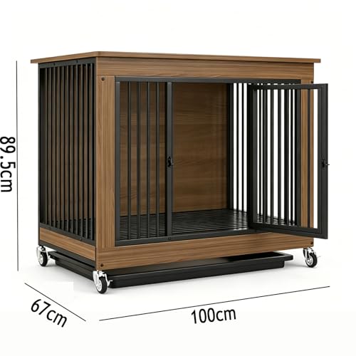 Hundekäfig- Möbel, Hundekäfig mit 360°- Lenkrollen, Hundebox für zu Hause, Holz- Hundehütte, strapazierfähige für den Innenbereich, große Mobile Hundebox (Walnussholz, 100X67X89.5CM)-6