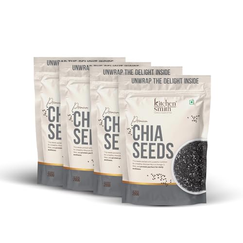 Image of KitchenSmith Premium Chia Seeds - Pack of 4 (200gm Each) | Raw Chia Seeds For Eating | Natural Plant-Based Seeds | Omega-3 Source | Everyday Superfood Use | Clean & Versatile Pantry Essential