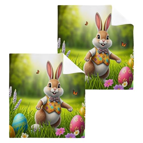 YANENDIE Easter Bunny Washcloths Towels, Highly Absorbent and Soft Cotton Face Cloths, 2 Pack Quick Dry Wash Cloths - 12 X 12 Inches