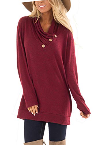 Hount Womens Casual Long Sleeve Tunic Top Cowl Neck Loose Pullover Sweatshirt with Buttons (Small, Wine Red)