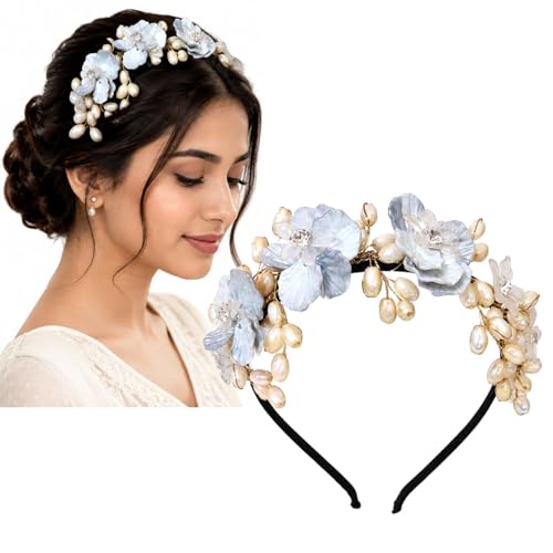 Image of Samyak Pearl & Crystal Hair Band Accessories For Women & Girls, Stylish Tiara Headband For Wedding Party Juda Bun Fashion For Bridal Hair Decoration Accessory